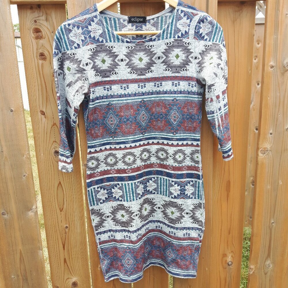 ATTRACTIVE ECLIPSE Sweater Dress Women's Size Small Mini Dress AZTEC Print IKAT